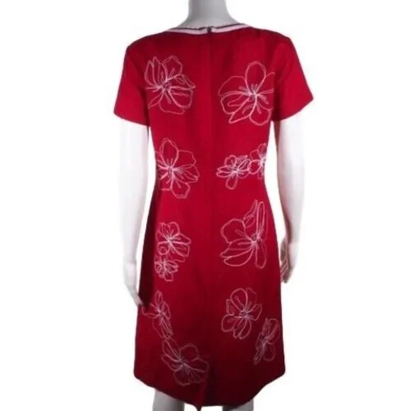 Talbots Dress Womens Size 4 Linen Blend Asian Floral Short Sleeve Lined Red Whit - Picture 7 of 11